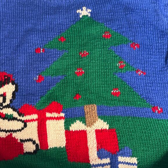 Vintage 90s Allen Solly Wool Christmas Sweater Tree Gifts Santa Hat Blue Large - Picture 14 of 15